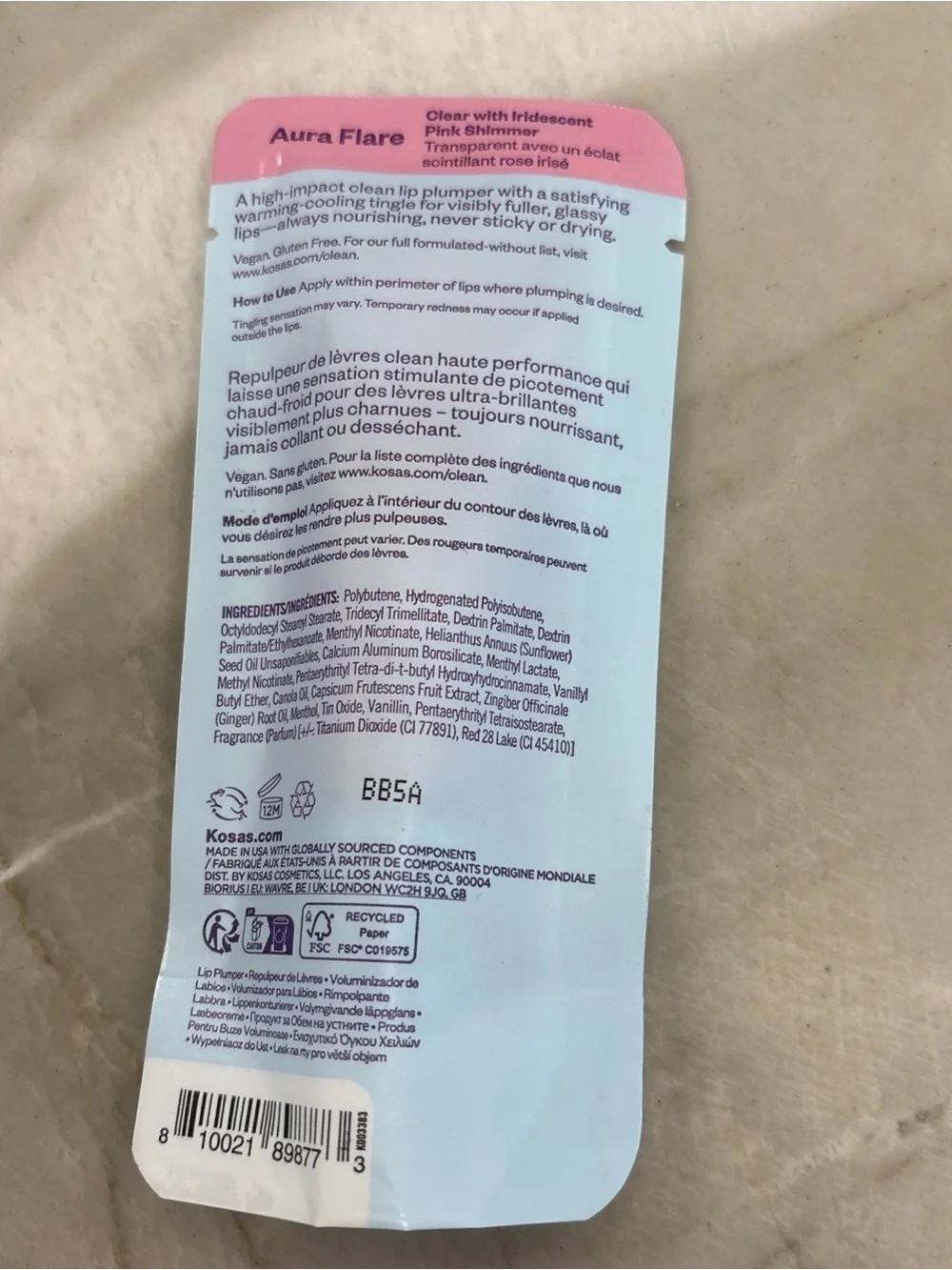 Kosas Aura Flare Lip Plumper Gloss — Pink & Light Blue Packaging